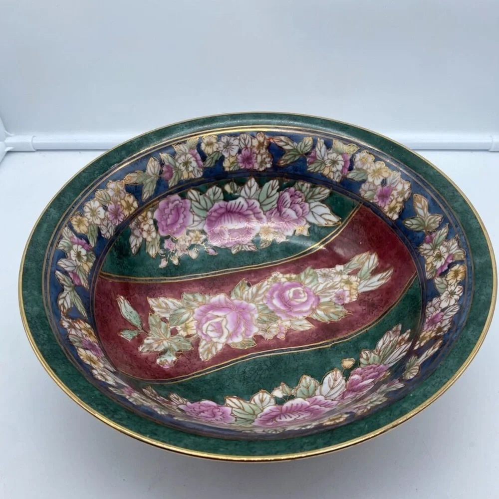 Vintage Floral Decorative Bowl with Gold Accents Andrea by Sadek / Like New